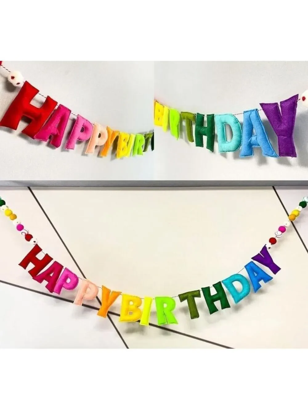 Colourful Handmade Wool Felt Happy Birthday Banner Garland with Adjustable Ties